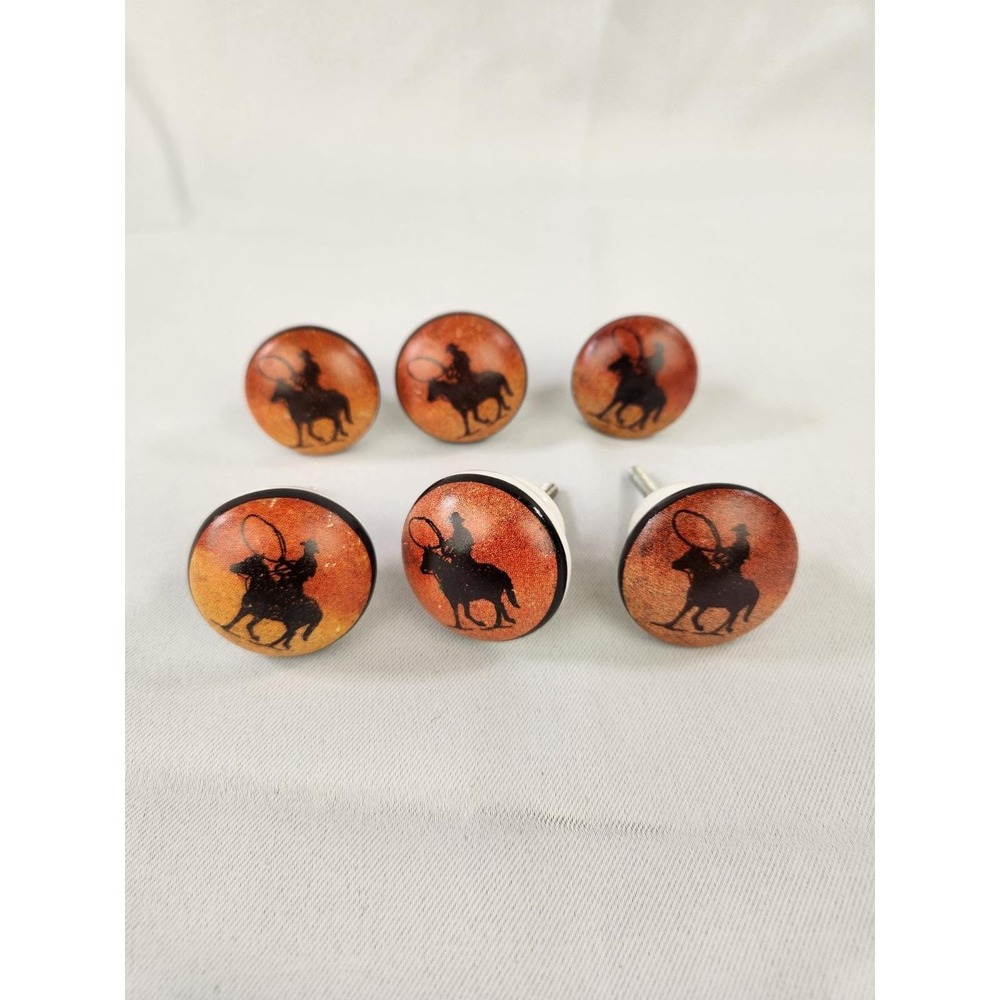 Lot of 6 Western Cabinet Door Drawer Knob Pull Rodeo Horse Cowboy Ceramic Vtg